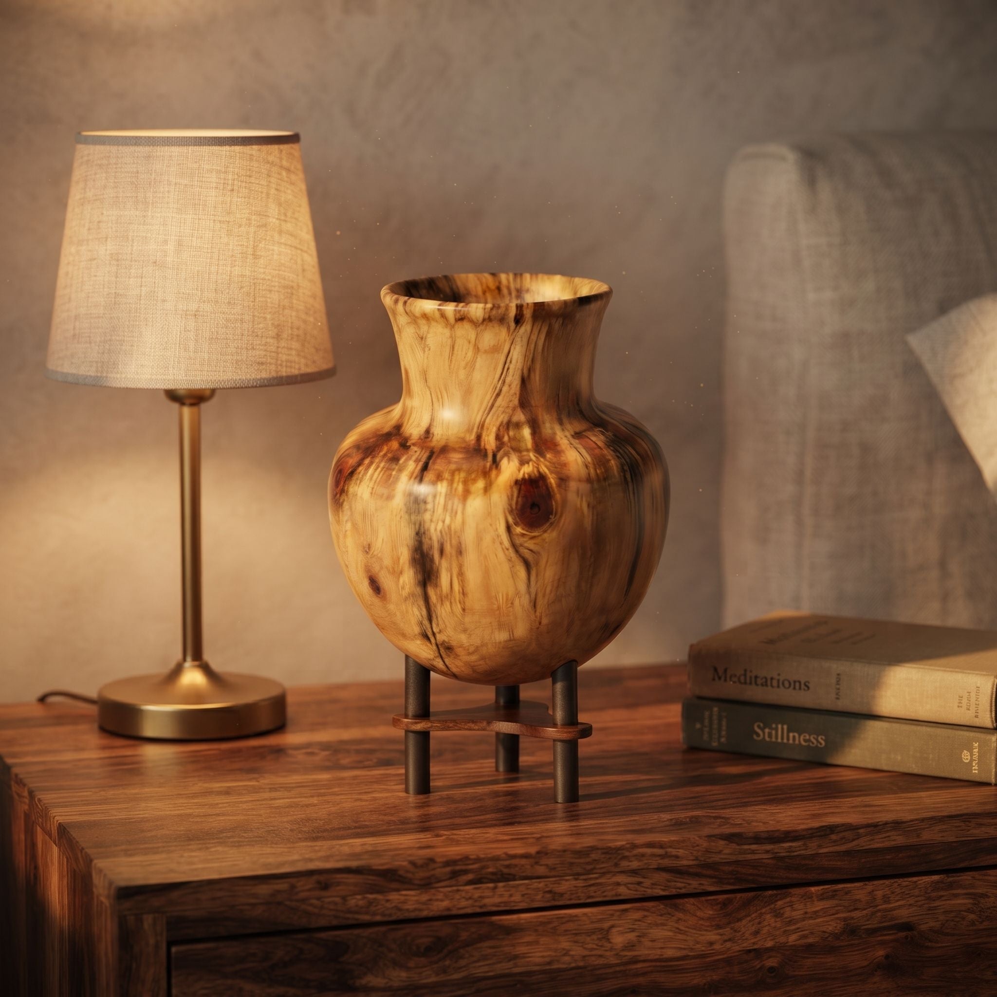 Burl Wood Urn Shaped Vessel With Stand