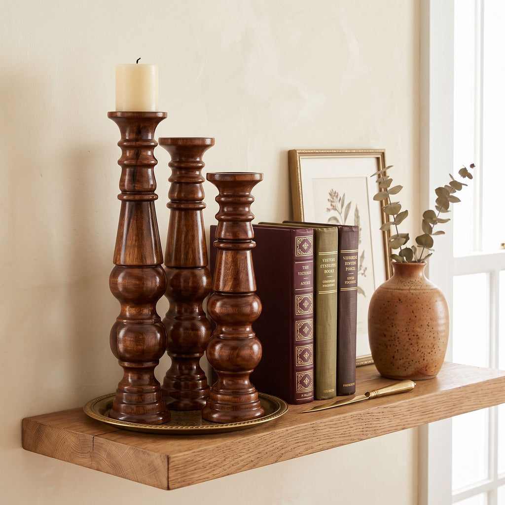 Sculptural Tall Wood Candle Holder Set of 3