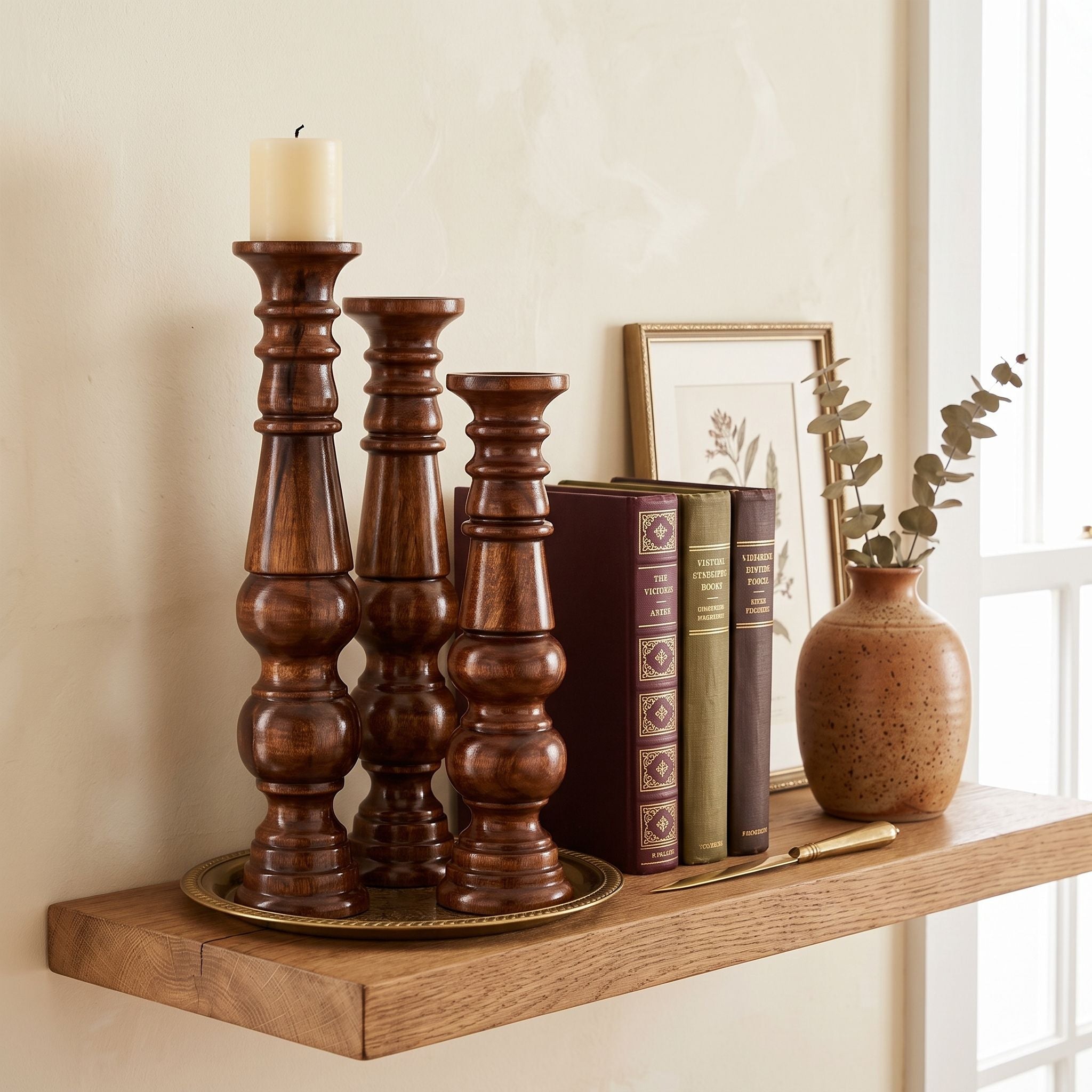 Sculptural Tall Wood Candle Holder Set of 3