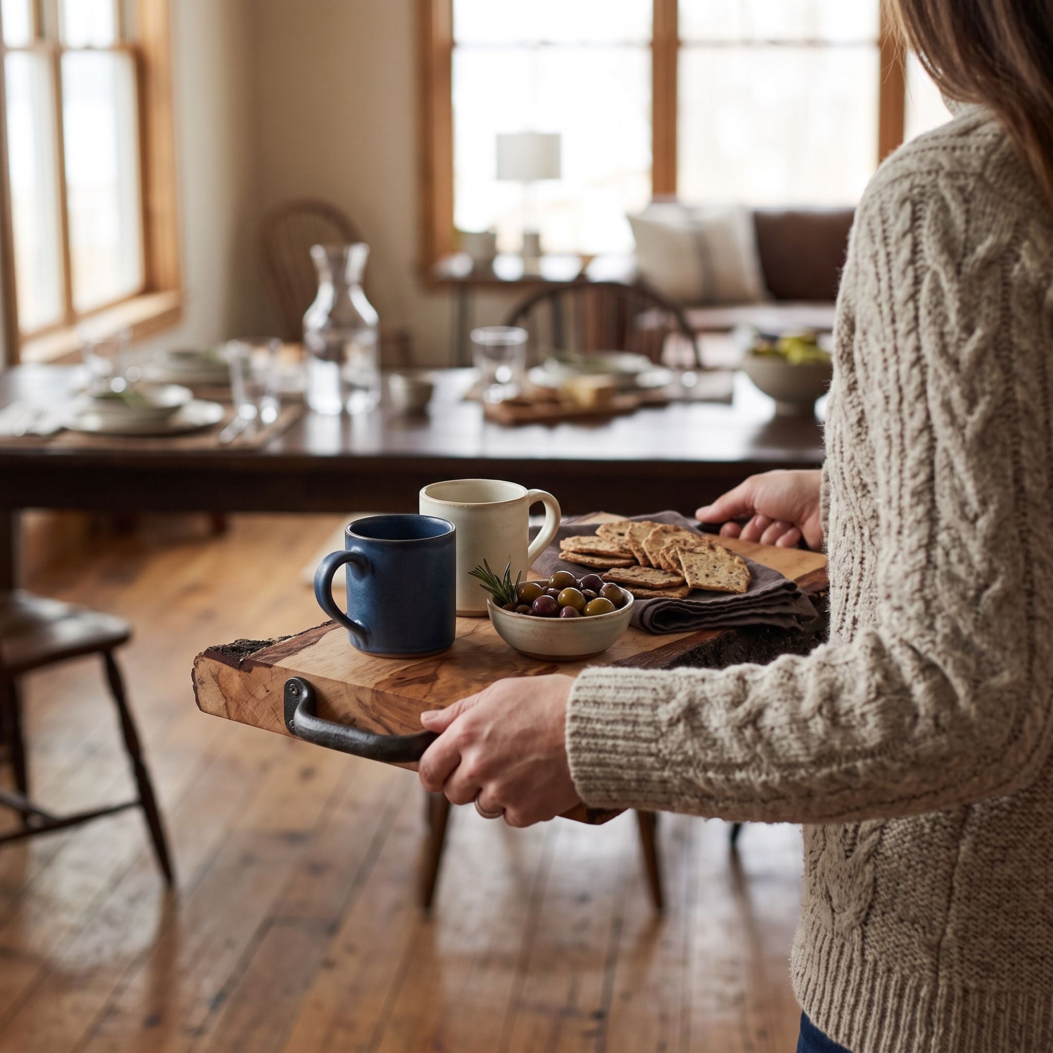Rustic Wooden Serving Tray with Bark Edges