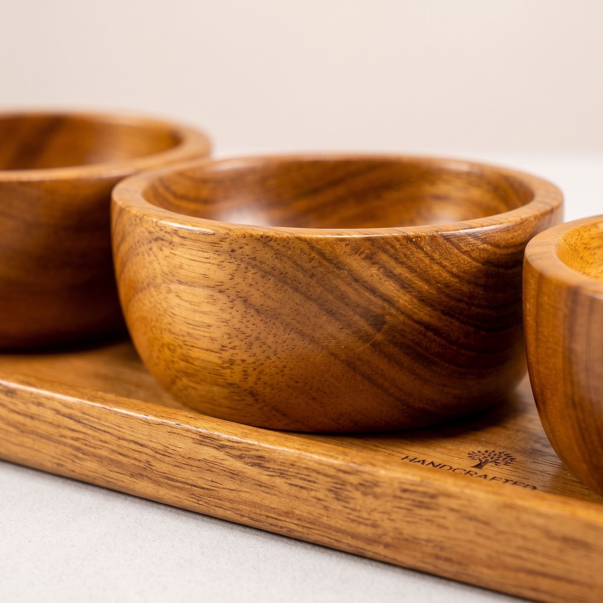 Wooden Serving Tray with 3 Bowls