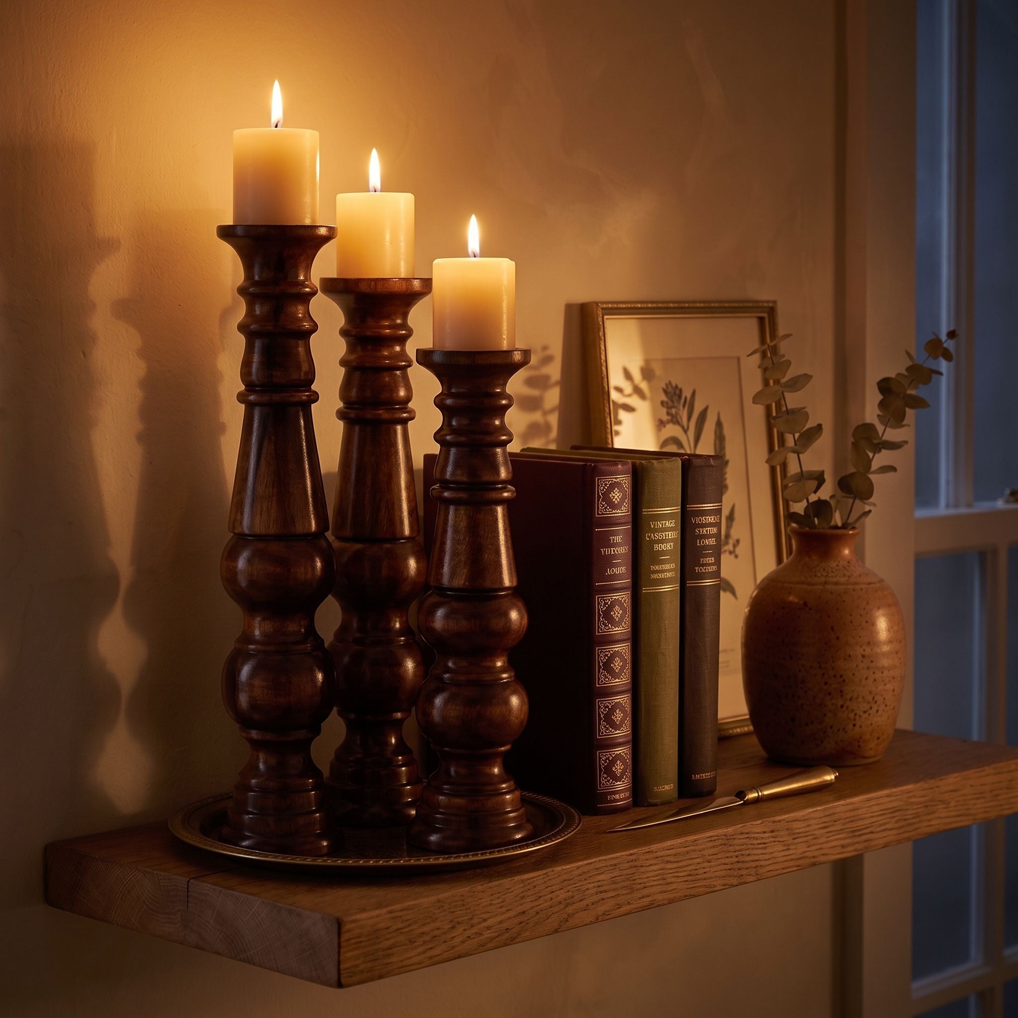 Sculptural Tall Wood Candle Holder Set of 3