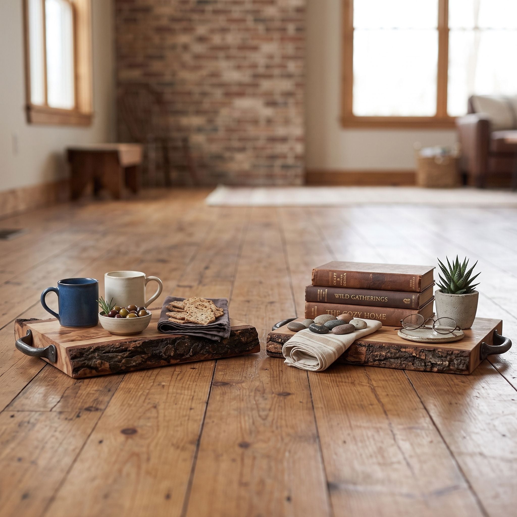Rustic Wooden Serving Tray with Bark Edges