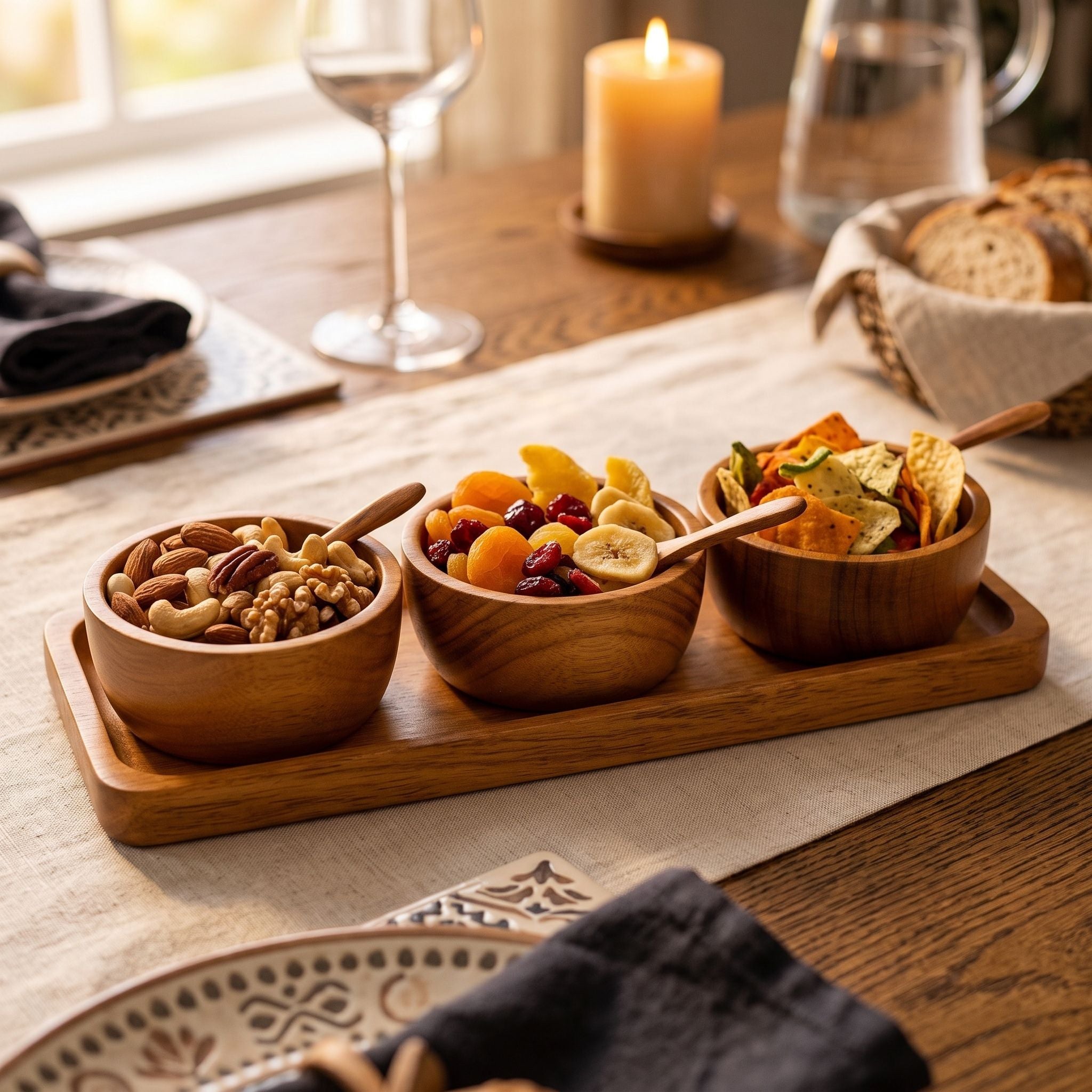 Wooden Serving Tray with 3 Bowls