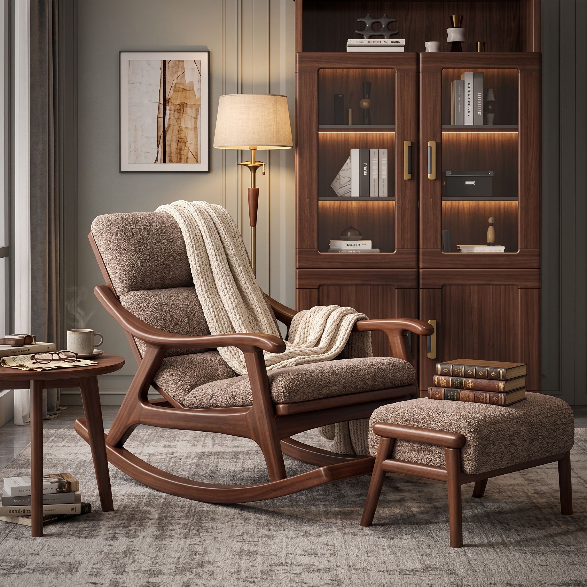 Boucle Lounge Rocking Chair with Ottoman.