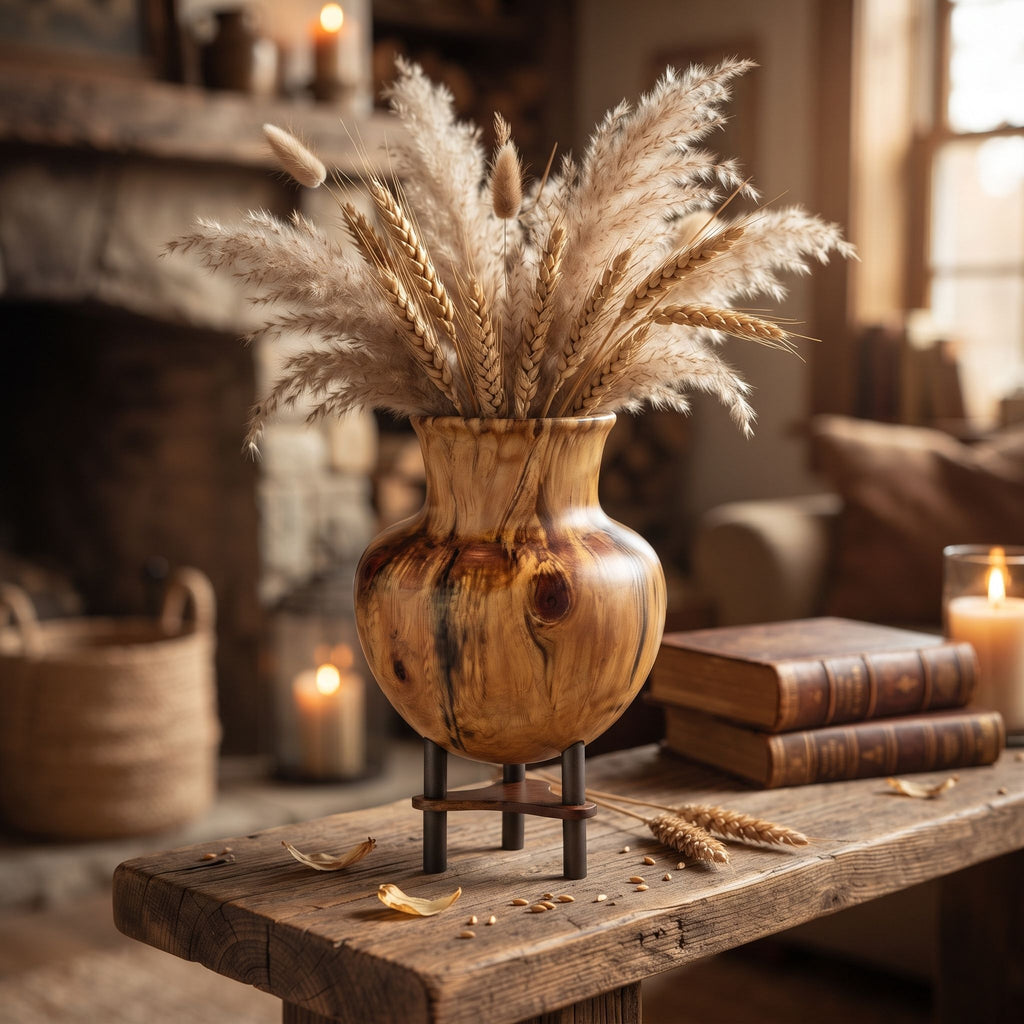 Burl Wood Urn Shaped Vessel With Stand