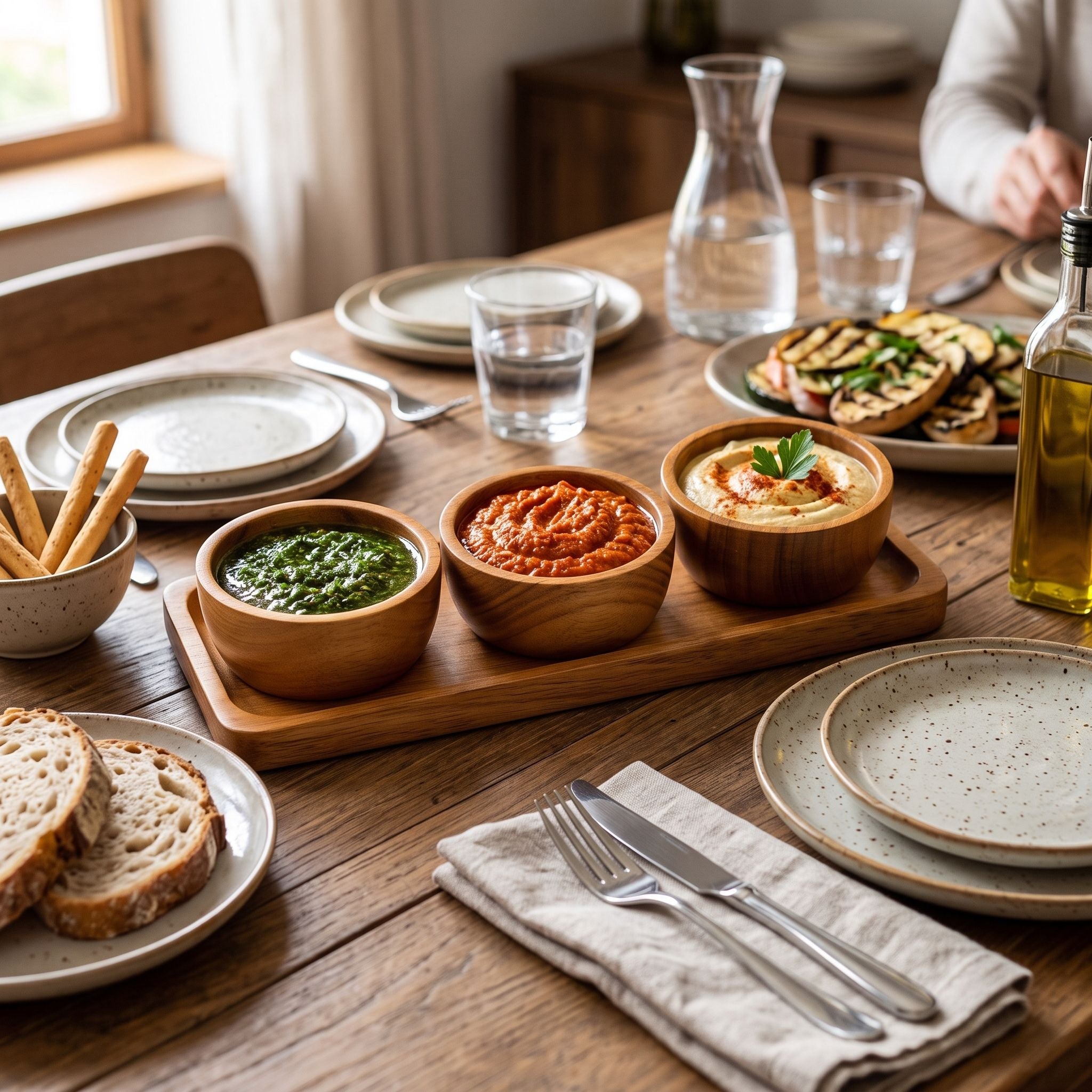 Wooden Serving Tray with 3 Bowls