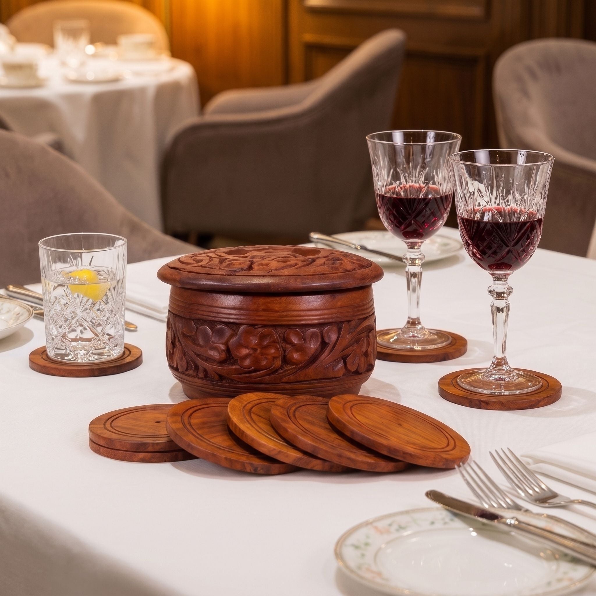 Wooden Coasters Set with Carved Pot