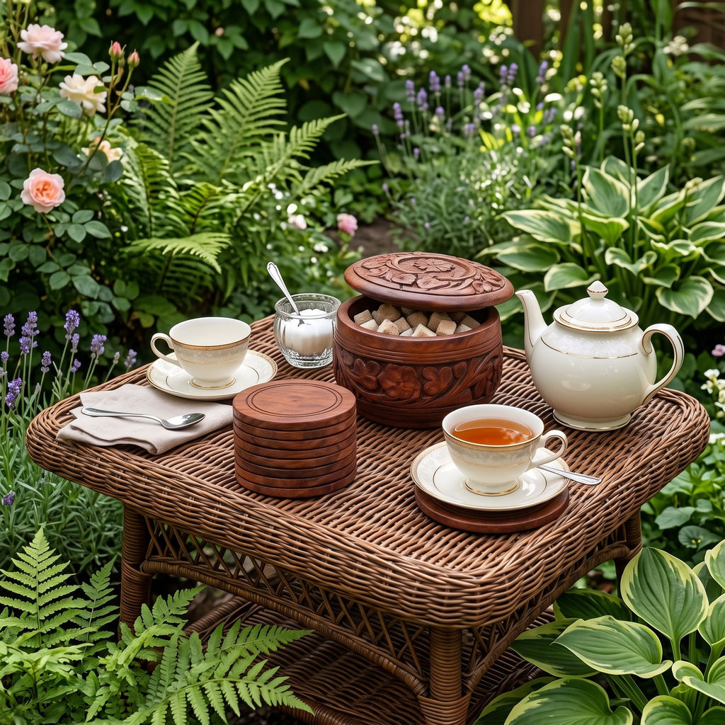 Wooden Coasters Set with Carved Pot