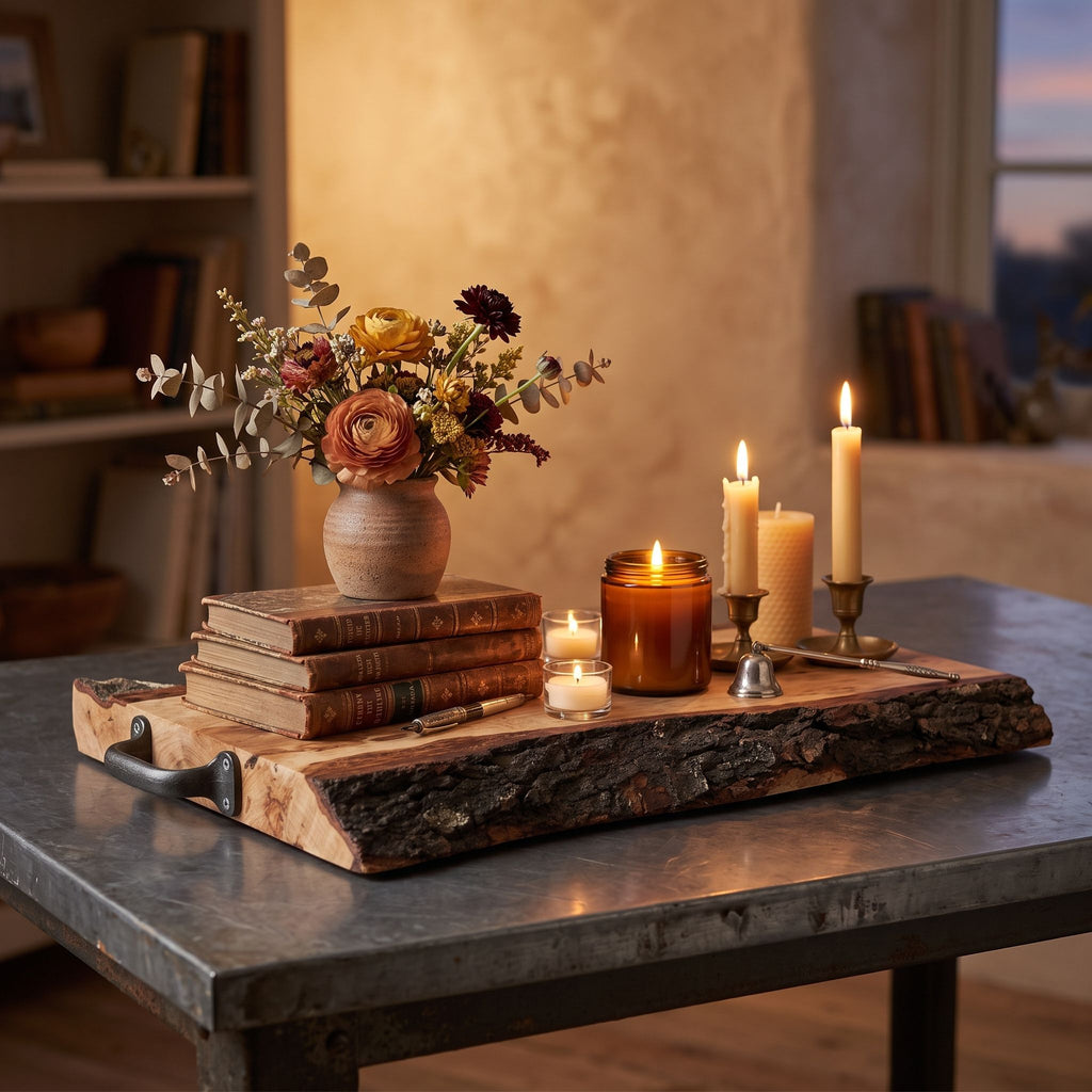Rustic Wooden Serving Tray with Bark Edges