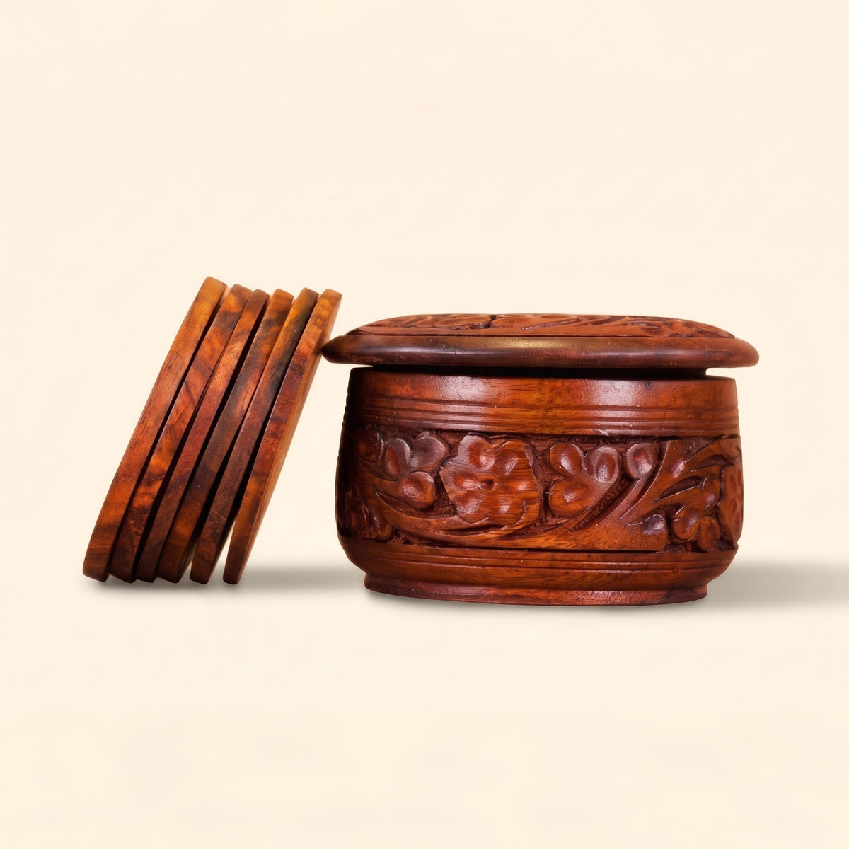 Wooden Coasters Set with Carved Pot