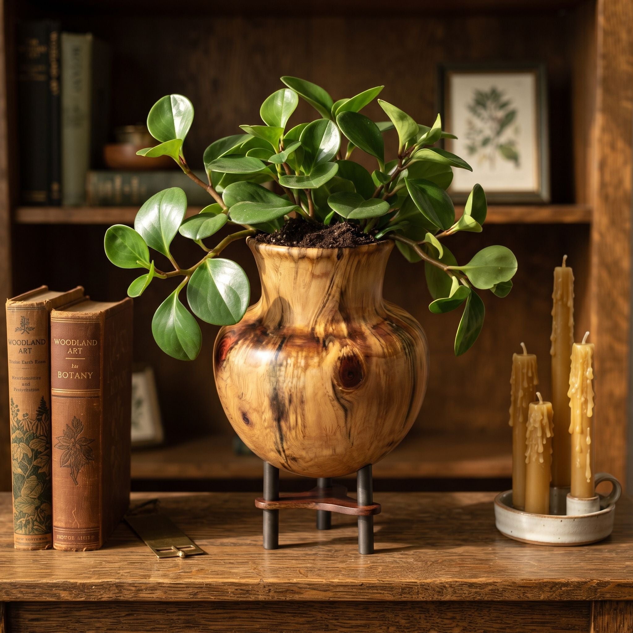 Burl Wood Urn Shaped Vessel With Stand