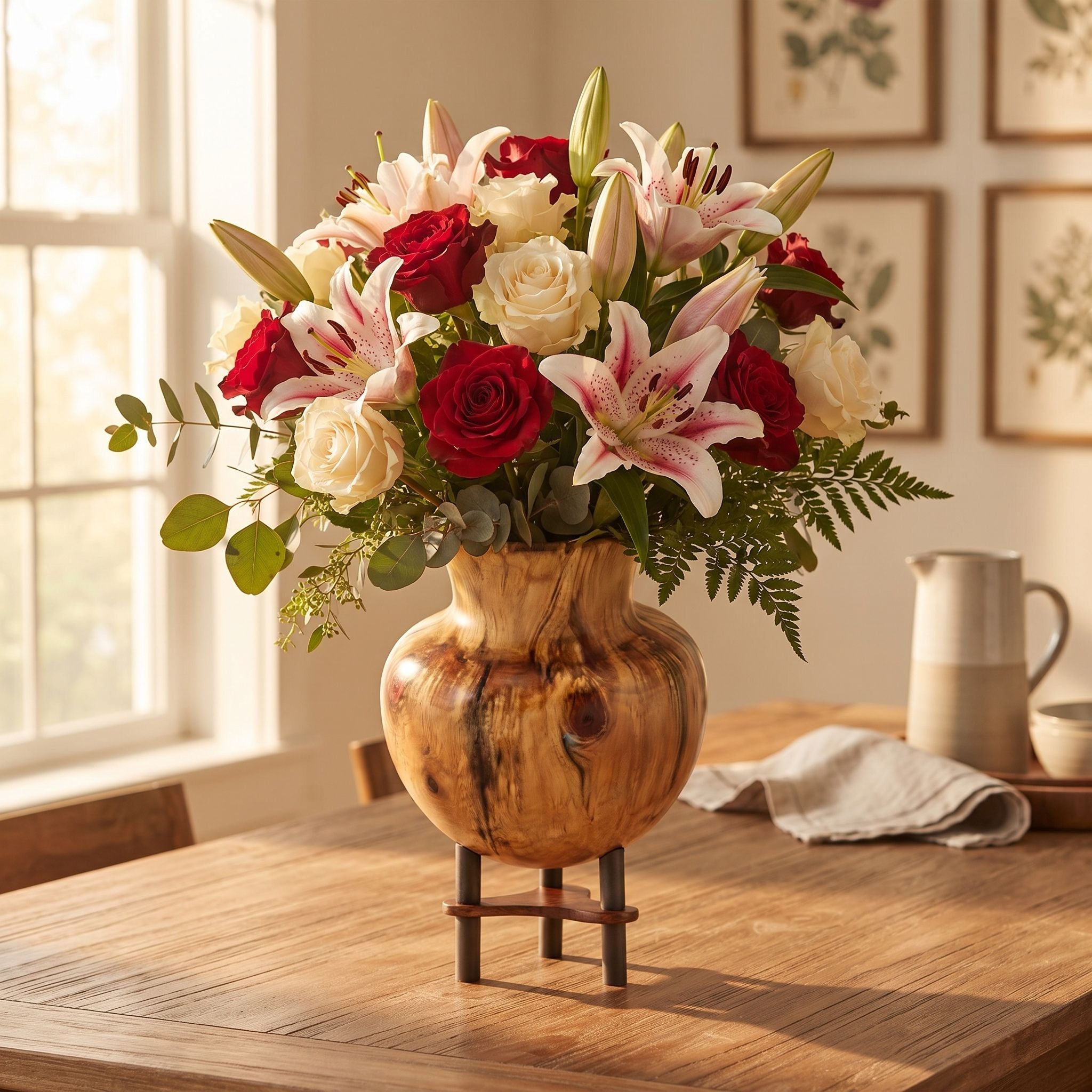 Burl Wood Urn Shaped Vessel With Stand