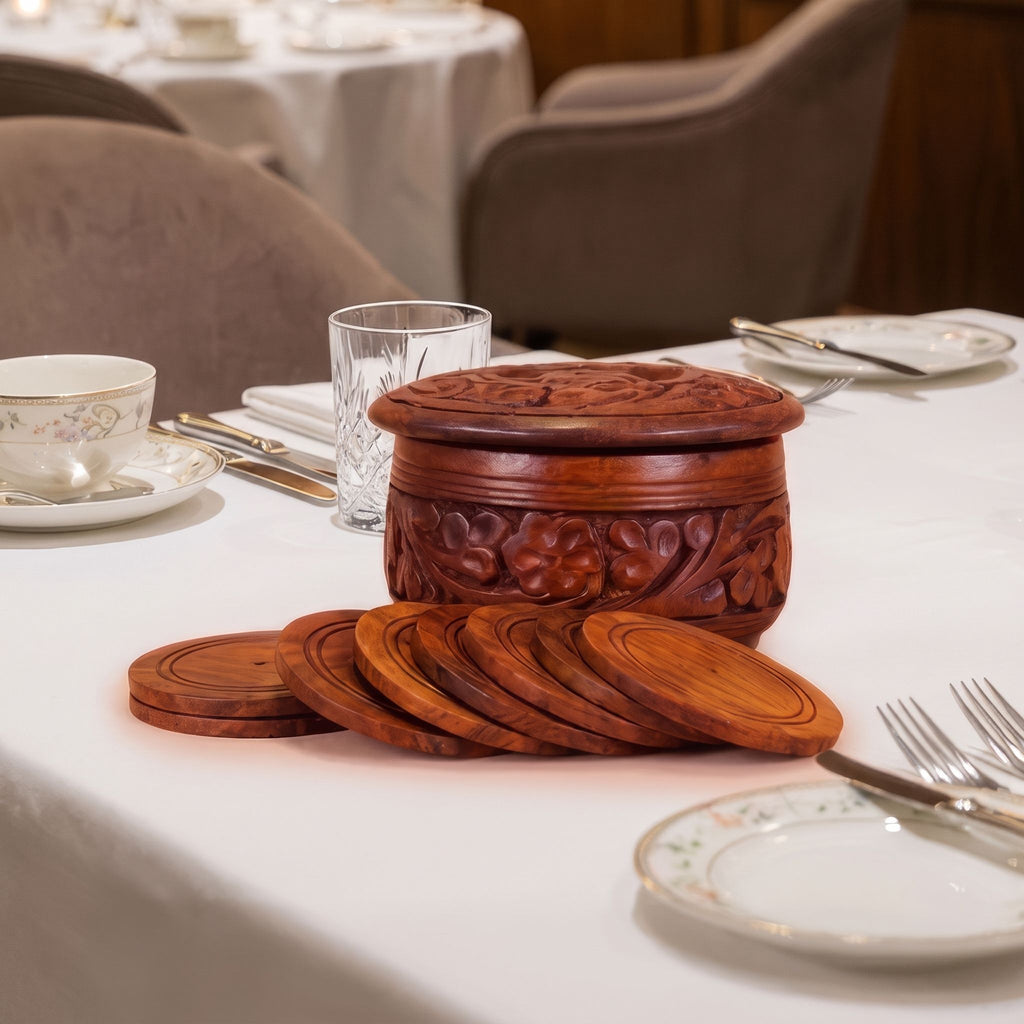Wooden Coasters Set with Carved Pot