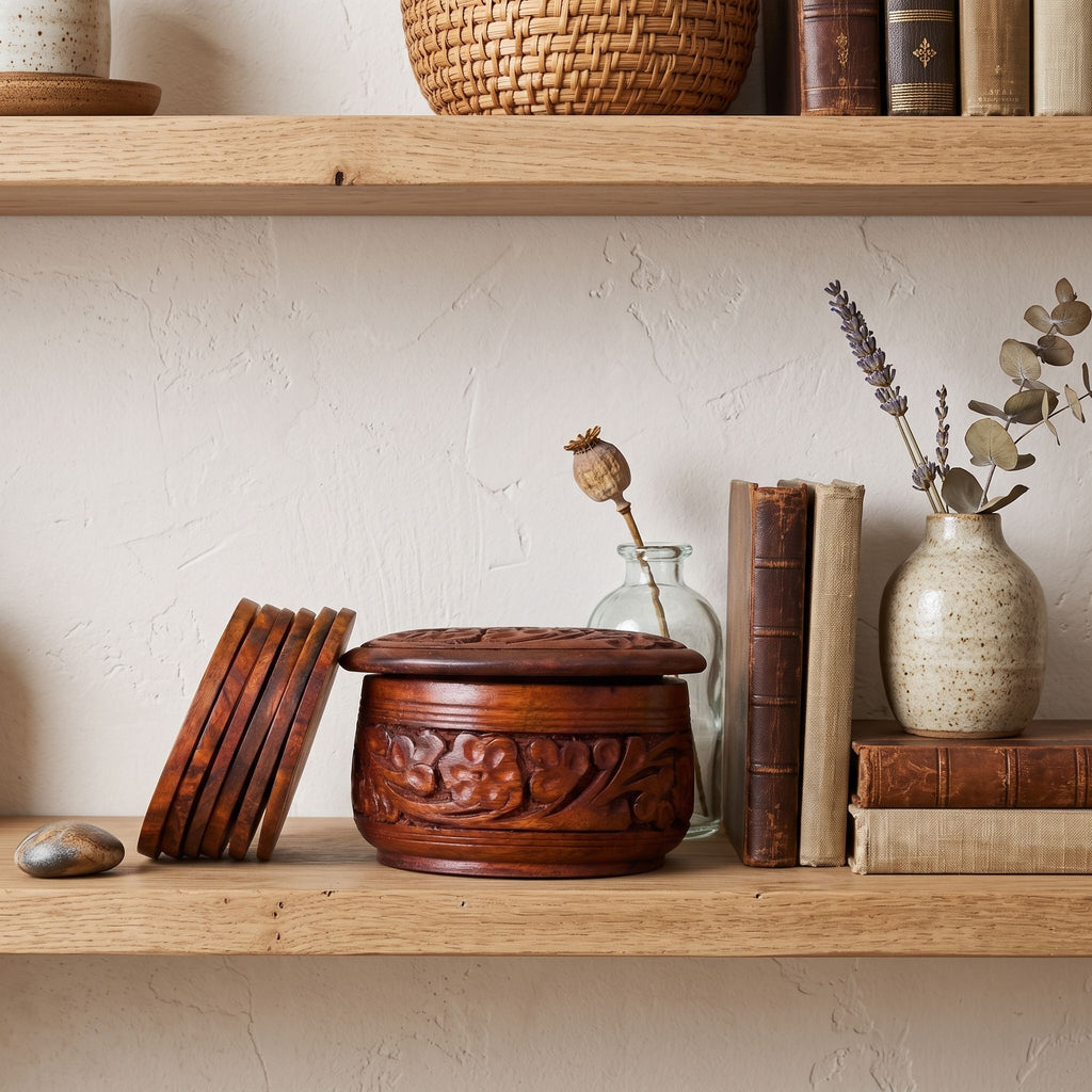 Wooden Coasters Set with Carved Pot