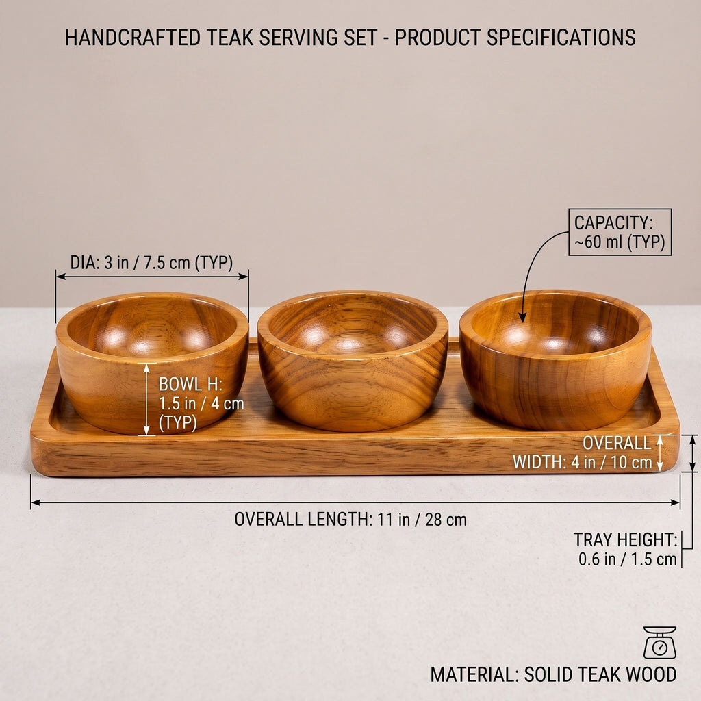 Wooden Serving Tray with 3 Bowls