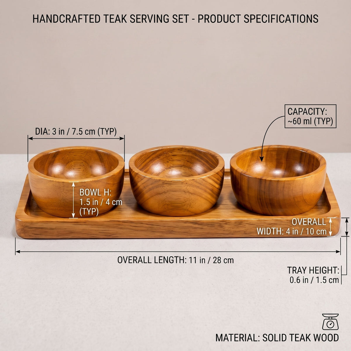 Wooden Serving Tray with 3 Bowls