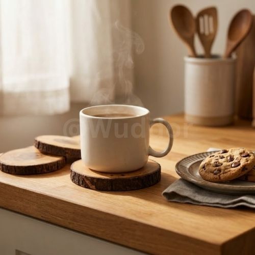 Set of 5 Rustic Natural Wood Slice Coasters – Handmade Wooden Drink Mats for Home & Kitchen Décor