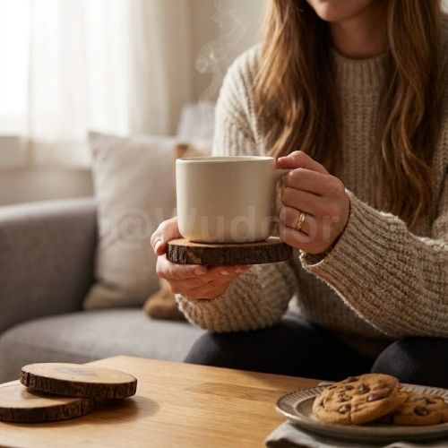 Set of 5 Rustic Natural Wood Slice Coasters – Handmade Wooden Drink Mats for Home & Kitchen Décor