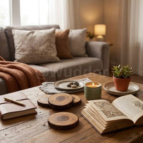 Set of 5 Rustic Natural Wood Slice Coasters – Handmade Wooden Drink Mats for Home & Kitchen Décor