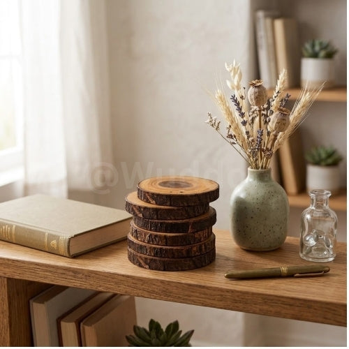 Set of 5 Rustic Natural Wood Slice Coasters – Handmade Wooden Drink Mats for Home & Kitchen Décor